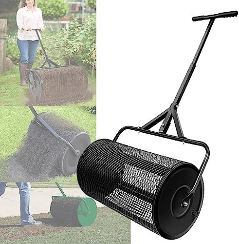 QLSABIA Dünger-/Kompoststreuer, Torf-/Moosstreuer aus Metall für Rasen und Garten – langlebige Korbrolle aus Metallgeflecht und Verstellbarer T-förmiger Griff, Schwarz, 30 cm