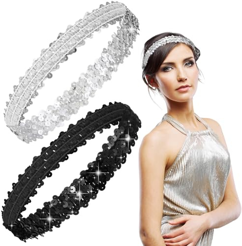 Kajaia 2 Stück Pailletten Stirnband Elastische Glitzer Haarband für Damen 1920er Pailletten Haarband Vintage Glitzer Stirnband für Karnevals, Halloween, Party Accessoires(Silber, Schwarz)