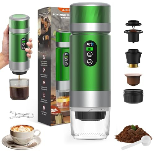 VHV Caffettiera Portatile, 3 In 1 Macchina per Caffè Viaggio - Senza Fili & Auto-Riscaldante - Con Batteria 7500mAh, 20 Bar di Pressione - Adatto a Varie Scene Portatili e Regali (Verde)