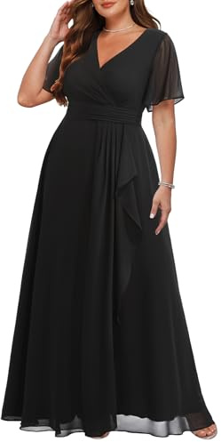Talisea Plus Size Formal Dresses Black Wedding Guest Evening Prom Gowns Gala Chiffon Short Sleeves A Line Long Dress Curvy Women