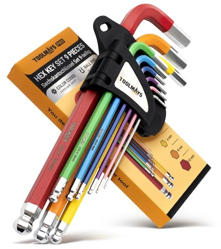 TOOLMAYS 9pcs Allen Key Set, Metric Hex Keys, 1.5-10mm, Anti-Slip Long Ball Hex Key Set with Color Coding for Furniture Assembly, Bikem, Motorcycle Repairs, Household DIY
