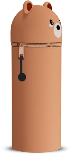 DGTSYAL 2-in-1 Weiche Federmäppchen - Kawaii mäppchen, Silikontasche, Stand Up Federmäppchen, Tier Stifthalter Bleistifttasche Mädchen Junge (Braunbär)