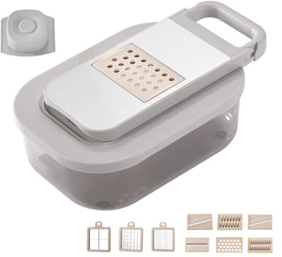 Hixingo Cortador de Verdura Multifuncional Rallador de Verduras con 9 Cuchillas Afiladas Intercambiables Accesorios Cocina Profesional - Cortador de Patatas Tomates Pepinos Frutas (Beige,Talla única)