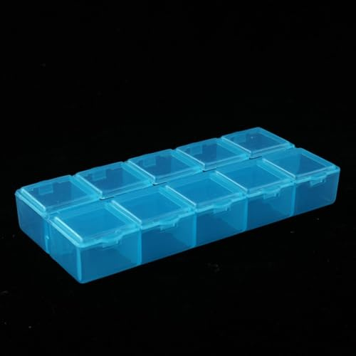 Yuanpgky Caja organizadora de plástico de 10 rejillas con diseño con cerradura y tapa transparente, compartimento compacto de polipropileno para tornillos, joyas, cuentas, accesorios de costura, (azul