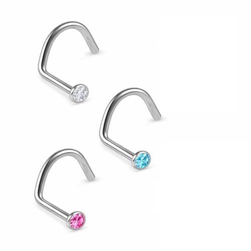 PIERCINGO® TITAN G23 Nasen-stecker Zirkonia-Kristall Nasen-piercing Gebogen Spirale Nose-Stud Nase Titanium ASTM F136 Silber Strass-Stein Kristall-Disc 0.8mm 6mm