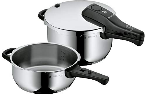 WMF Perfect Schnellkochtopf Set Induktion 2-teilig, Dampfkochtopf 4,5l + 3l, Cromargan Edelstahl poliert, 2 Kochstufen, Einhand-Kochstufenregler