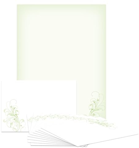 Briefpapier-Set Neutral grün DS101 – 10 Blatt Designpapier, 10 Umschläge B6 mit Motiv bedruckt – Hochwertiges Motivpapier, Brief, Jubiläum, Einladung, Geburtstag, Liebesbrief – DIN A4, 90 g/m²