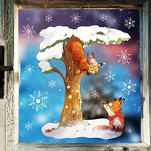 Wandtattoo Loft Fensterbilder Weihnachten mit Eichhörnchen und Fuchs Motiv – Wiederverwendbar – A4 Bogen, 19 Sticker – Weihnachstdeko Fenster Kinderzimmer, Weihnachtsbilder Fenster, Fensterbild Winter
