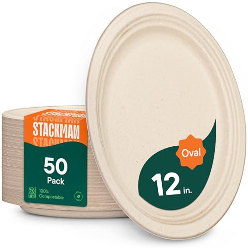 100% Compostable Oval Paper Plates [12.5 inch - 50-Pack] Elegant Disposable Dinner Platter Heavy-Duty Quality, Natural Bagasse Unbleached Eco-Friendly Made of Sugar Cane Fibers, [12.5 x 10 Platter]