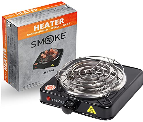 Turbo Power 1000 Watt elektrischer Kohleanzünder Blitzschnell, Kohlen Ofen, Kohle Anzünder mit Kohlegitter, Hotplate mit Edelstahl Heizspirale Stainless Steel | 5-Stufig mit Überhitzungsschutz