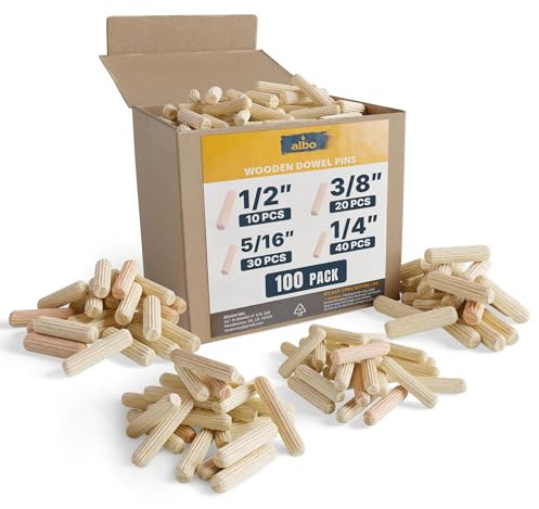 ALBO Wooden Dowel Pins 100 Pack Assorted Sizes 1/2 + 3/8 + 5/16 + 1/4 inch Fluted Wood Dowels Rods Hardwood Crafts Dowel Pegs