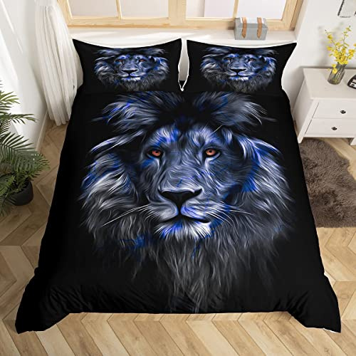 Blue Lion Parure de Lit 220x240cm Safari Fur Parure Housse de Couette 3D Wild Animaux Parure de Lit Respirant Faune Décor Crack Design Brick Room Decor
