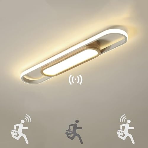 LED Holz Deckenlampe mit Bewegungsmelder Innen Sensorlampe Modern Deckenleuchte mit Sensor Flurlampe mit Tageslichtsensor Deckenbeleuchtung für Flur Schlafzimmer Korridor Balkon Treppe Veranda (80cm)