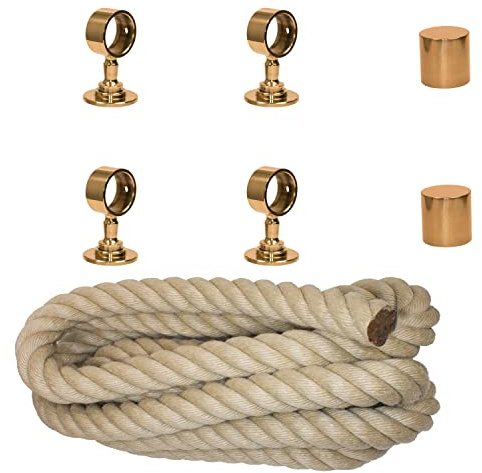 Handlaufseil-Set Ø 30 mm – 4 m Polyhanf-Seil „Nature Touch“ naturfarben mit 2 Endkappen & 4 Seilträgern, Messing glänzend | Treppe & Geländer