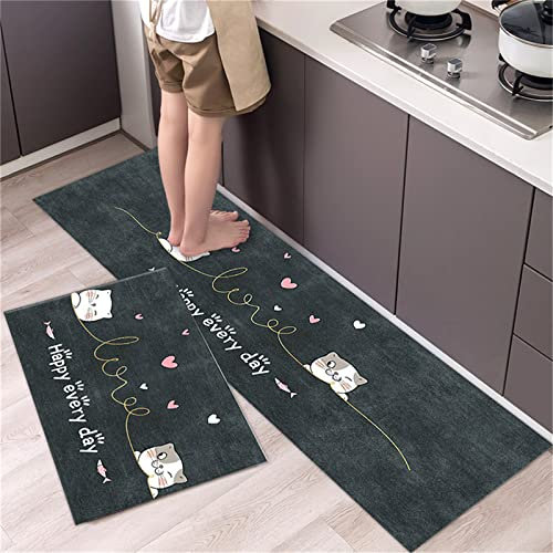 Küchenläufer 2-Teilige Set Anti-Müdigkeit Küchenteppich Rutschfest Küchenmatten Waschbar Teppich Läufer Küche Stehmatte für Flur,Schlafzimmer,Wohnzimmer,Badezimmer (Graue Katze,40x60cm+40x120cm)