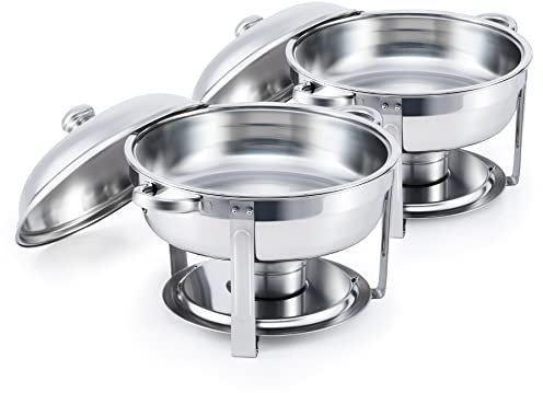 WILPREP Chafing Dish Buffet Set of 2, Round Stainless Steel Chafer and Food Warmer Kit with Food & Water Pans Lids Fuel Holders, 5qt Buffet Serving Utensils for Restaurant Catering Parties Weddings