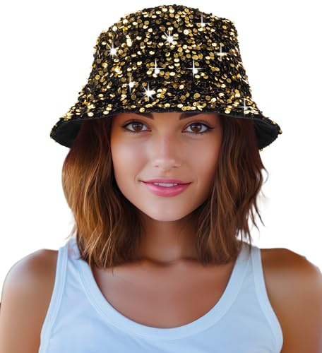 Chapeau cloche à paillettes pour femme, chapeau de plage pour fête, filles, adolescentes, chapeau de soleil à paillettes brillantes pour voyage, doré, M