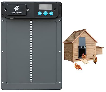 PoultryKit automatisk dörröppnare för hönshus, automatisk batteridriven kycklingdörr med timer, programmerbar ljussensor, LCD-skärm, aluminiumdörr, automatisk kycklingdörröppnare modell A300