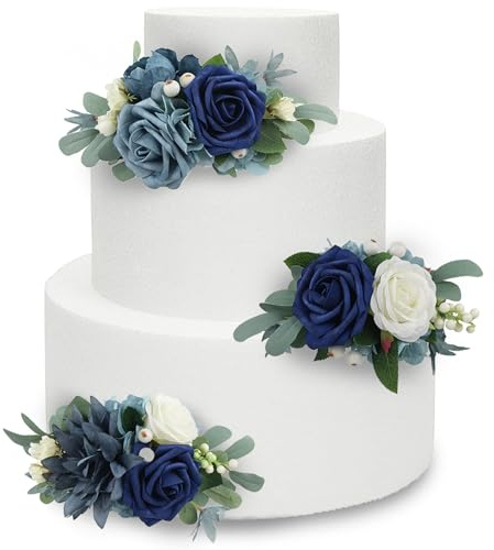 Rinlong 3 Navy Blue Flowers Cake Toppers - 3 Pcs Pre-made Cake Toppers for Wedding, Birthday, Baptism & Party Decorations | Wedding Decor, Cake Topper, Birthday, Bridal Party, Baby Shower