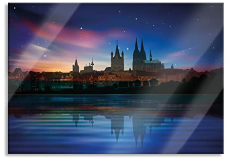 Pixxprint Glasbild, Wandbild aus Echtglas, Polarlichter Skyline Köln, 100x70 cm, inkl. Aufhängung und Abstandshalter