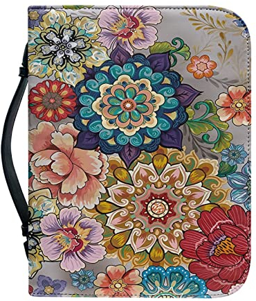 Kuiaobaty Bright Flowers PU Leder Bibeltasche mit Taschen, bunte Blumen-Buchhüllen mit Reißverschluss für Studium Bibel klein groß