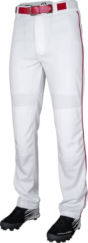 Rawlings mens Semi-Relaxed Full Length Baseball Pants | Adult Sizes | Piped | Multiple Colors White / Scarlet, Medium