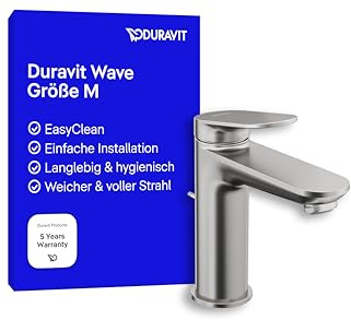 Duravit Wave tvättställskran, storlek M (pip höjd 111 mm), kran badrum med dragstång avloppsarmatur, armatur tvättställ, borstat rostfritt stål