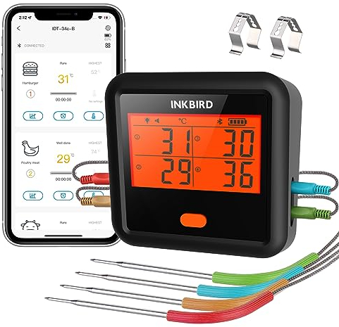 INKBIRD Termómetro Cocina IDT-34C, Termómetro para Barbacoa Bluetooth, Termómetro Carne Inalámbrico con Alarma de Temperatura, Distancia de Conexión de 80 M, para Asar, Hornear, con 4 sondas