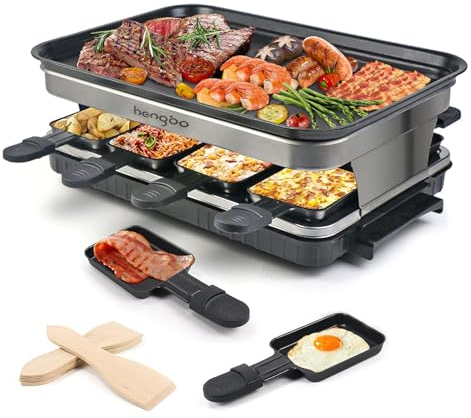 Raclettes 8 Persone Griglia Elettrica Senza Fumo Piastra Elettrica per Grigliare, 8 Mini Padelle e 4 Spatole di Legno,Termostato Rivestimento Antiaderente,1500W