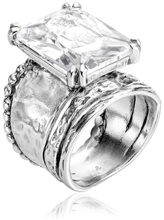 JEAN RACHEL JEWELRY Bague en Argent Sterling 925 - Design Vintage Martelée avec Zirconium Cubique Taille Octogone - Bijou Artisanal Fait Main, Hypoallergénique, Cristal CZ, 7