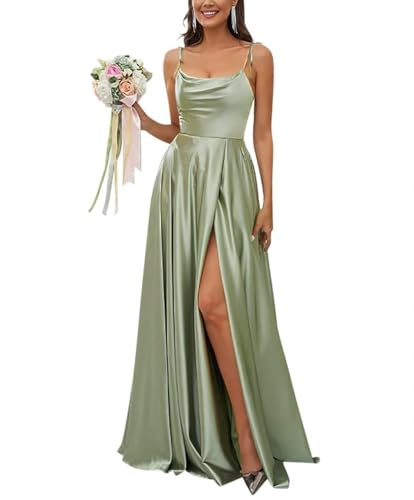 Sincemeet Satin Spaghettiträgern Brautjungfernkleid Rückenfreie Ballkleider mit hohem Schlitz Langes Elegantes Hochzeitskleid