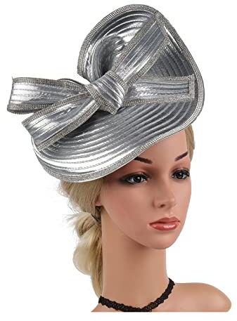 QUNINE Fascinator Damen-Fascinator-Millinery-Hut, Party-Hochzeitshut, breite Krempe, Fedora-Kopfschmuck, Kirchen-Haarschmuck (Farbe: Schwarz, Größe: Einheitsgröße) (Silber, Einheitsgröße)