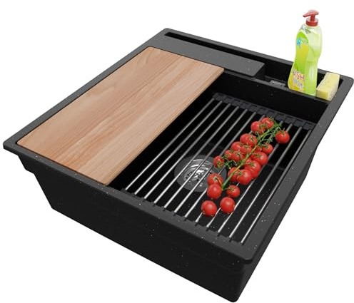PRIMAGRAN Evier Cuisine en Granit Noir Métallisé 48x53cm, Lavabo 1 bac + Kit de Vidage + Accessoires, Évier à Encastrer al mueble 50cm - Oslo Pocket S158