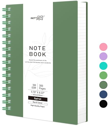 RETTACY Notizbuch A5 Dotted, Bullet Journal Spiral-Notizbuch Gepunktet mit 300 Seiten, Softcover Ringbuch 100 g/m² Dickes für Frauen Männer Arbeit Büro Schule, 14.5 x 21cm - Dunkelgrün