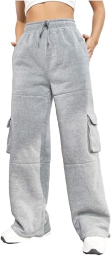 Nuofengkudu Fleece raka ben träningsoverall underdel dragsko 4 fickor joggingbyxor damer joggingbyxor mjukisbyxor casual, Ljusgrå, S