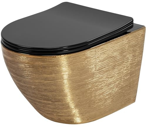 Rea Cuvette WC Carlo Flat Brush Gold Cuvette Toilette céramique - Abattant Softclose en Duroplast - Abaissement Automatique à Fermeture en Douceur (Or/Noir)