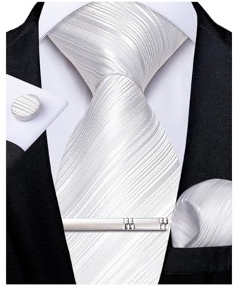 DiBanGu Weiß Krawatten und Taschentuch-Set für Männer Einfarbig Krawatte mit Manschettenknopf-Krawattenklammer für Hochzeit Formell