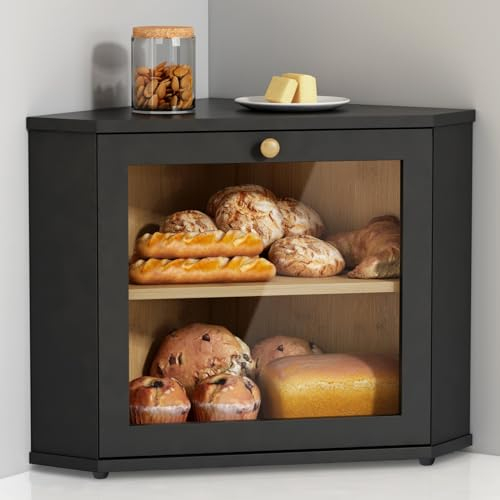 Goozii Corner Bread Box for Kitchen Countertop, Black Storage Container for Homemade Bread, Two-Layer Under Cabinet Mount, Large Holder