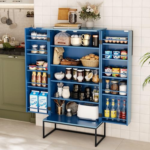HOLTICO Küchenschrank, Buffetschrank mit Verstellbaren Regalen | Mehrzweckschrank, Vorratsschrank, Hochschrank, Schrank freistehend für Küche, Badzimmer, Wohnzimmer (Stil 2 - Blau)