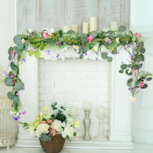 Janinka 2 Pcs Artificial Wildflower Garland 6 Feet Daisy and Lavender Faux Flower Vine Hanging Farmhouse Summer Spring Flower for Indoor Outdoor Front Door Porch Garden Wedding Stair Party Decor