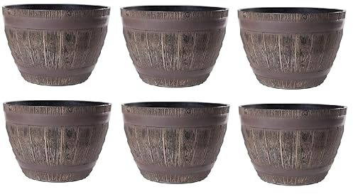 Jinfa 6er-Set Pflanzkübel aus Kunststoff in Weinfass Holzoptik bottich Miniteich | Farbe: Eiche | Design: Weinfass | Ø 38 cm