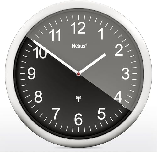 Mebus Funk-Wanduhr, 26 cm, lautlos, gut lesbar, silberner Rahmen, schwarzes Zifferblatt, Modell 19812 - Deutlich und leise, Schwarz
