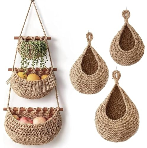 Felenny 4-teiliges hängender Obstkorb-Set, Boho, handgewebt, wandmontiert, Gemüsekorb, hängende Obst-Gemüse-Aufbewahrung, böhmische Heimdekoration, Pflanzgefäß für Küche, Schlafzimmer, Wohnzimmer,