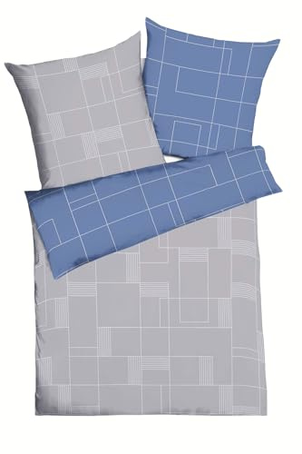 Kaeppel Mako Satin Wende Bettwäsche 240x220cm 3 TLG. Uptown Blau Rot Grau Smaragd Linien Streifen Muster, Farbe:Blau