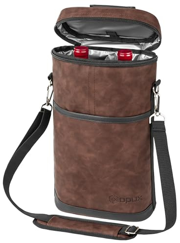 opux 2 Bottle Wine Carrier Tote, Insulated Leakproof Wine Cooler Bag, Wine Travel Bag for Picnic BYOB Beach, Portable Wine Bottle Carrying Case, Gift for Wine Lover Women Men Christmas, Brown Leather