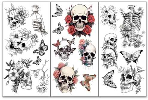 OLYCRAFT 3 Stück/Set Skelett Blumen Abziehbilder Zum Aufreiben Für Möbel Und Kunsthandwerk 15x30cm Schmetterlings Rosen Dekor Transferaufkleber Halloween Totenkopf Abziehbilder Zum Aufreiben