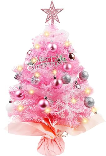 Weihnachtsbaum Klein 60cm, Mini Weihnachtsbaum Rosa mit LED Beleuchtung, Tisch Weihnachtsbaum Geschmückt, Künstlicher Weihnachtsbaum für Küche/Wohnstube/Kinderzimmer/Büro