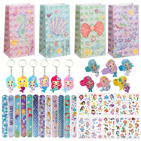 batnite Mermaid Party Bag Fillers - Under the Sea Party Favors with Mermaid Keychains, Slap Bracelets, Stickers, Rings, Perfect for Girls Princess Birthday Gifts, Game Prizes
