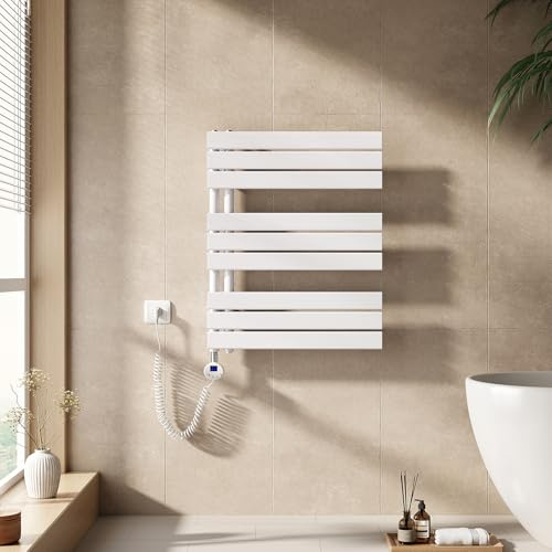 EMKE Handtuchheizkörper Elektrisch 762x600 mm - Flach Badheizkörper Elektrisch, Elektrischer Handtuchwärmer Handtuchtrockner Handtuchheizung mit Thermostat und Heizstab - 400W, Weiß