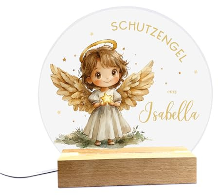 Herz & Heim® LED Nachtlicht mit niedlichem Design personalisierbar mit Wunschname & Datum (Schutzengel)